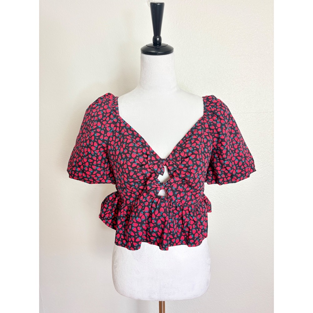 Band Of The Free Strawberry Bow Puff Sleeve Peplum Crop Top Shirt Size Large